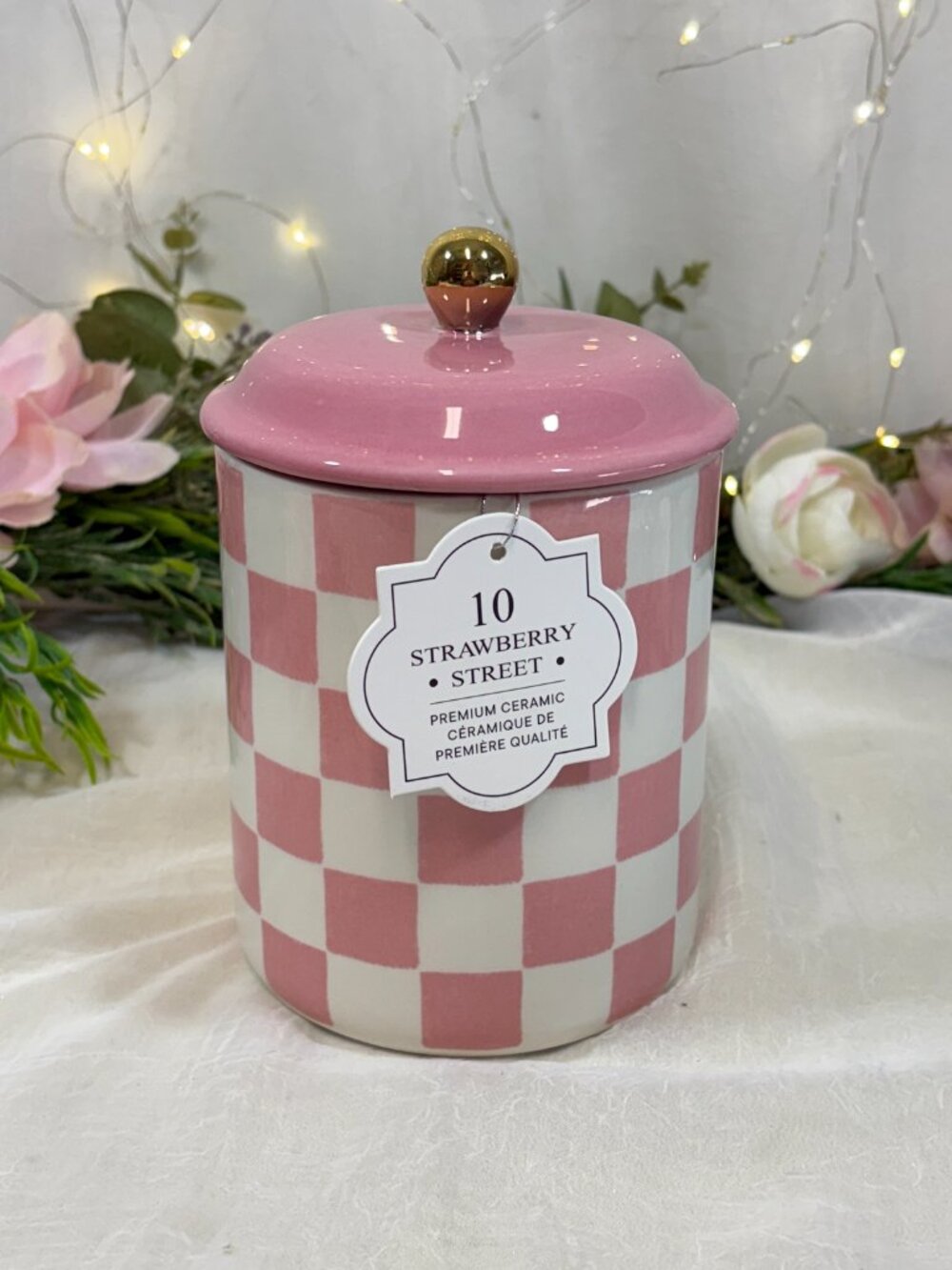 Pink and White Checkered Ceramic Canister Jar Courtly Check Gold Knob New - Picture 6 of 7